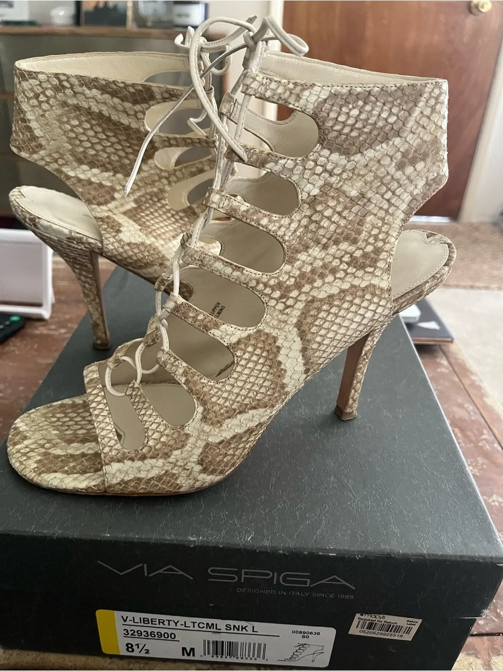 Via Spiga Genuine Leather Lace-Up Snake Print High Heel Sandals